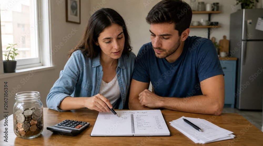 Obraz premium Young couple reviewing household finances and budget planner