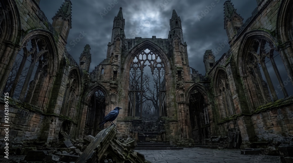 Naklejka premium Dark Gothic Crow Perched on Ruined Cathedral Stone Under Full Moon Cinematic Spooky Night Scene for Horror Fantasy Book Cover and Gaming Illustration