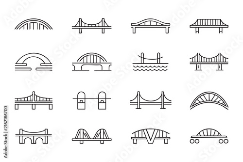 Принти на полотні Black Outline Bridge Designs Featuring Highways, Towers, Cables, Piers, and Arch