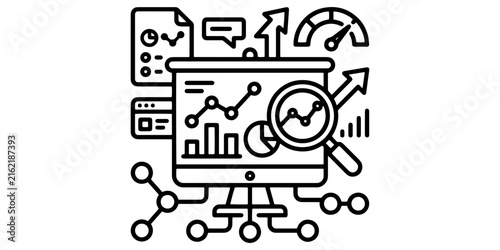 Business analytics presentation screen line icon with growth chart, magnifying glass, pie chart, document report, and performance meter