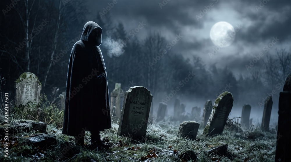Naklejka premium Hooded Figure in Dark Cloak Standing in Foggy Cemetery at Night Under Full Moon for Gothic Horror Book Cover and Mystery Illustration