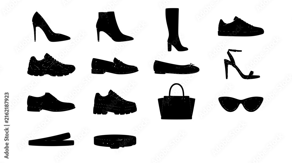 Obraz premium Shoes and Handbag Set, Minimalist Silhouette Icons. Fashion Accessories Vector Illustration, Stylish Design Elements