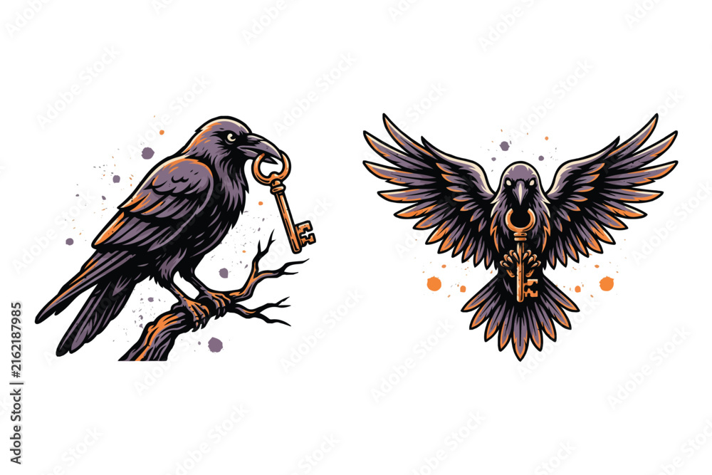 Naklejka premium Black Raven Holding Vintage Key Vector Illustration Isolated on White Background