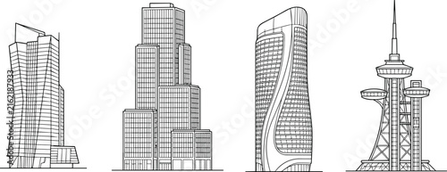 Modern futuristic skyscraper architecture line art collection with distinctive high rise buildings and urban landmarks