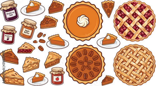 Thanksgiving Autumn Pie and Fruit Jam Vector Elements Set Featuring Whole Lattice Crust Apple Cherry Pumpkin and Pecan Desserts with Slices