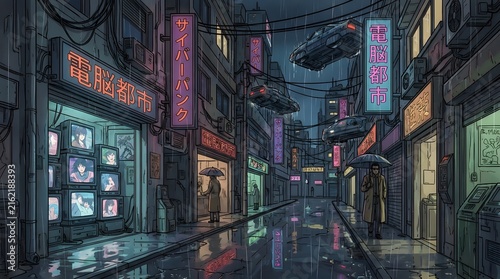 Cyberpunk city street at night with neon signs and rainy atmosphere in a futuristic town.