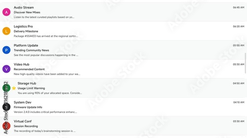 Digital notification center interface showing a list of recent system alerts and messages