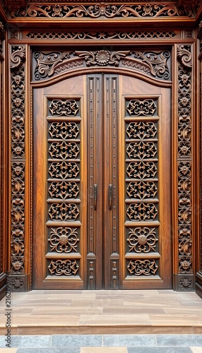 Carved wooden lattice doors with intricate designs and patterns, temple, door