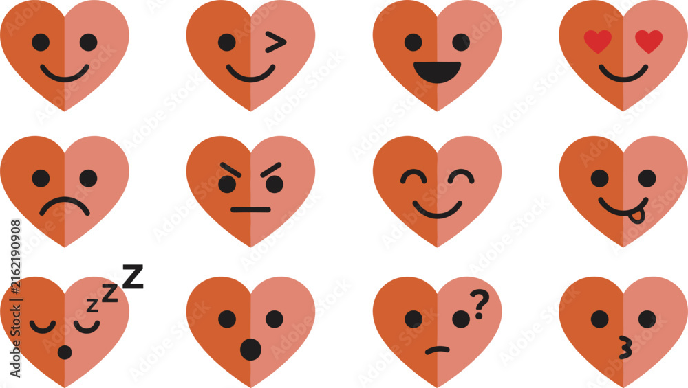 Fototapeta premium Heart Emoji Character and Emotion Mascot Vector Flat Icon Set Featuring Happy Wink Sad Angry Kiss Sleeping Surprised Confused Heart Shapes