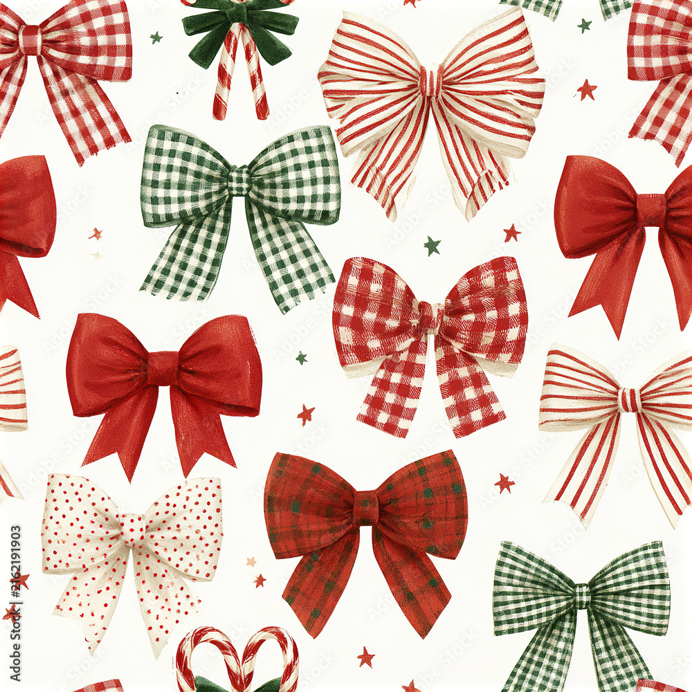 Fototapeta premium Vintage Christmas bow pattern with red and green buffalo checks and stripes, festive holiday decoration with candy canes