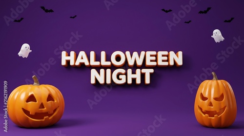 Halloween night background with carved pumpkins and cute ghosts on a purple backdrop for festive holiday design projects