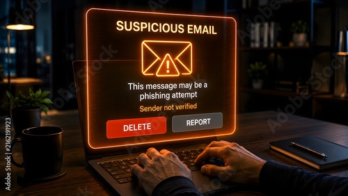 Suspicious email phishing warning on laptop screen at desk