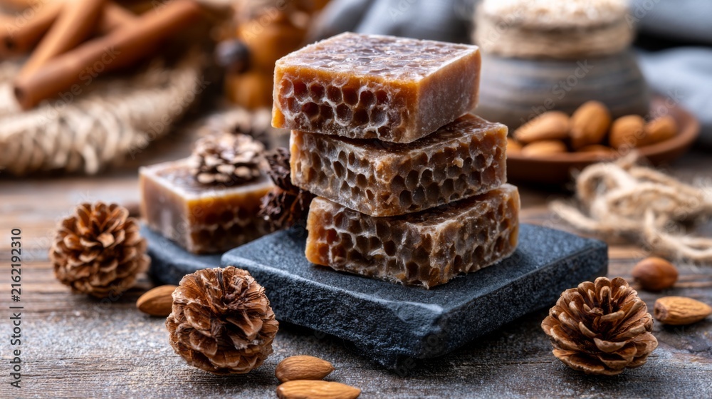 Fototapeta premium Natural soap bars stacked on dark stone with wood elements and herbal ingredients surrounded by pine cones and almonds, rustic aesthetic setting