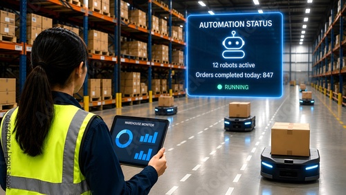Warehouse automation status panel with robot in distribution centre
