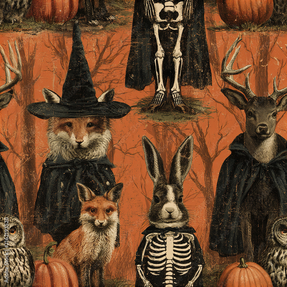 Naklejka premium Vintage Halloween pattern with fox, rabbit, deer, owl in witch and skeleton costumes on orange forest background