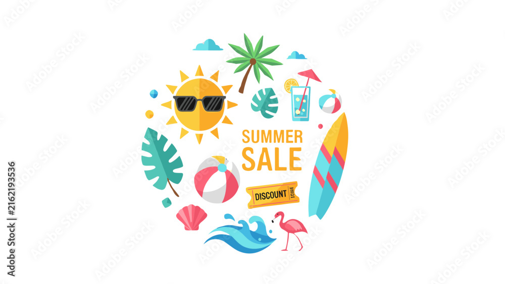 Fototapeta premium Summer Sale Flat Design Poster with Tropical Vacation Elements