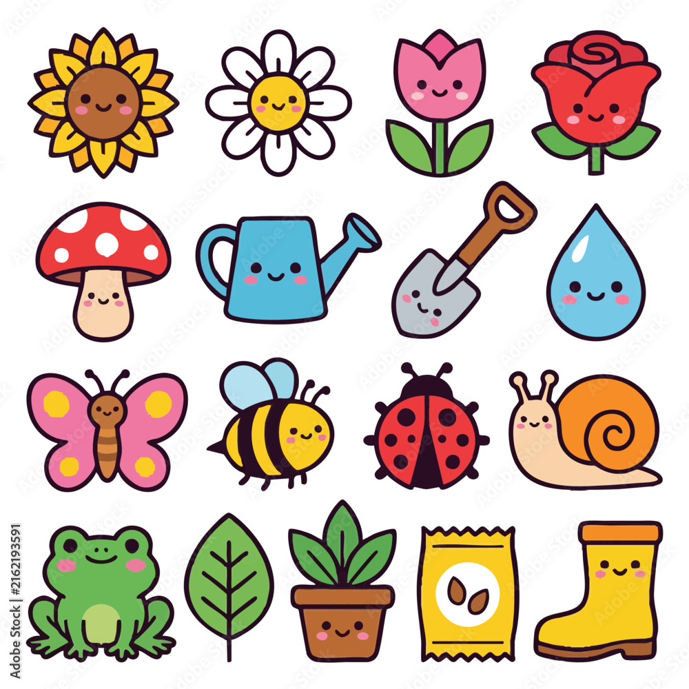 Fototapeta premium Kawaii garden sticker set with cute flowers, insects, and gardening tools vector icons