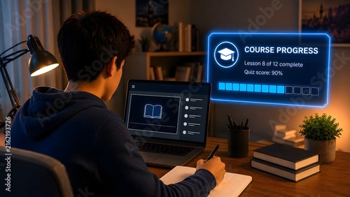 Student tracking online course progress on laptop at desk
