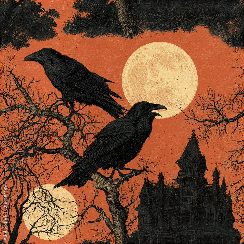 Naklejka premium Two black ravens perched on twisted branches with full moon and spooky haunted house in vintage Halloween night scene