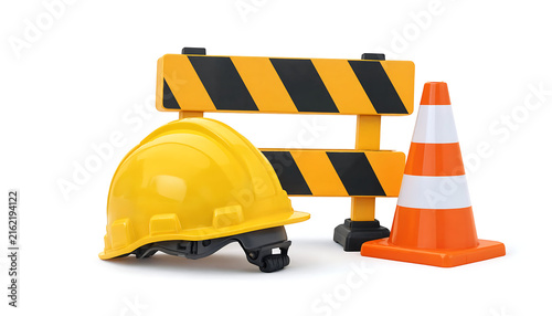 Yellow protective construction hard hat with safety traffic cone and barricade isolated on white background transparent background