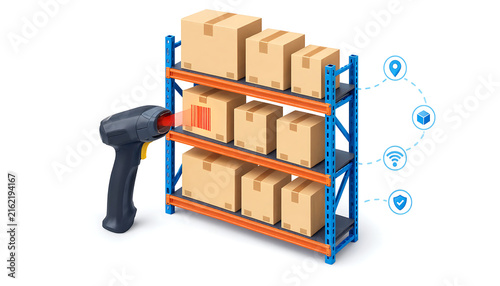 3d illustration of a barcode scanner scanning boxes on industrial metal shelving units for logistics and warehouse management transparent background