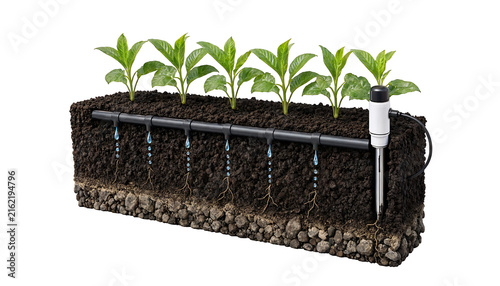 Crosssection of soil showing plant irrigation system with water dripping onto roots transparent background