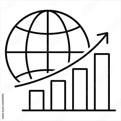 Obraz na plátně Global business growth icon featuring world globe and rising bar chart for international trade strategy analysis