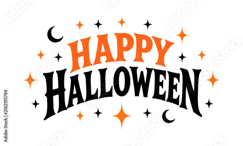 Happy Halloween Typography Vector Badge with Stars and Crescent Moons