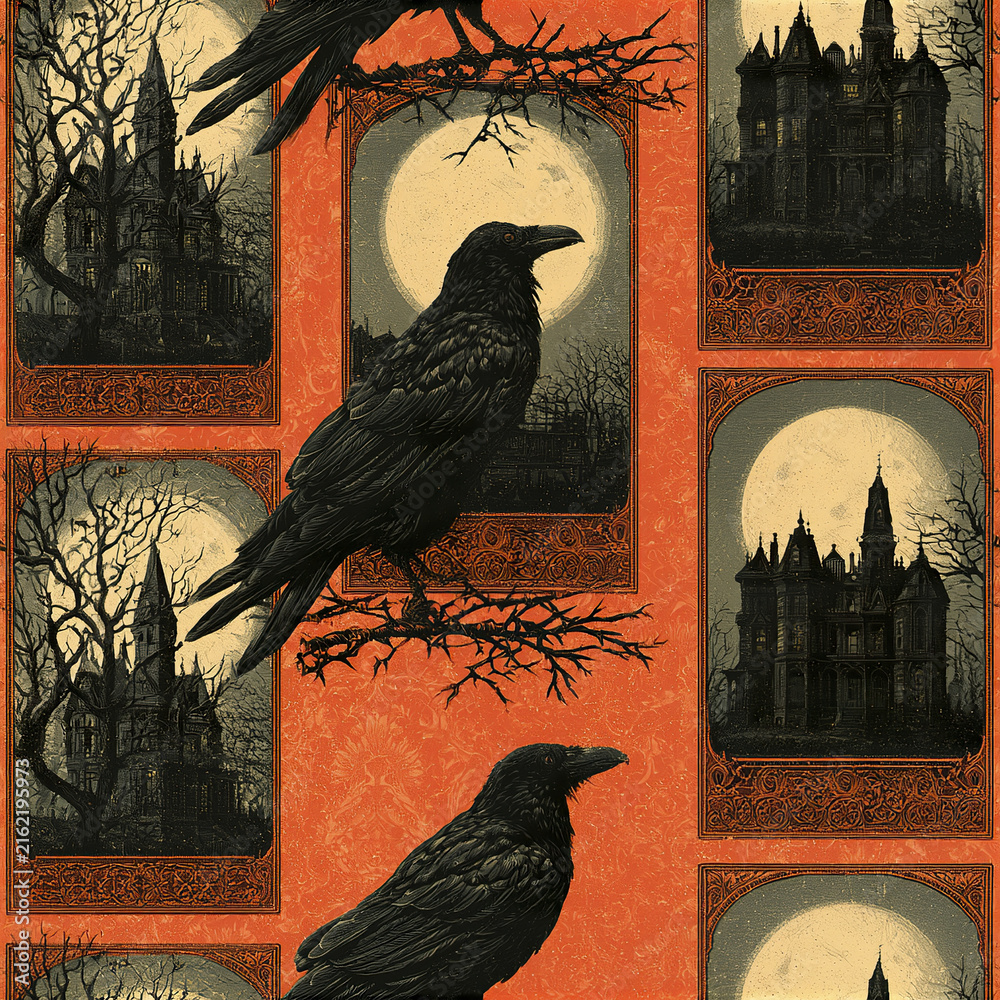 Naklejka premium Vintage tarot inspired Halloween pattern with framed haunted castle and black raven under full moon on orange background