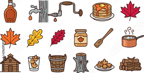 Maple Syrup Production and Autumn Forest Vector Icon Set with Tap, Spigot, Pancakes, Cabin, Firewood, and Leaves for Canadian Agriculture Graphic Designs