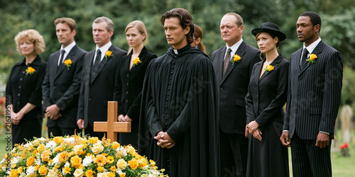 A solemn funeral procession gathers in a cemetery, with a priest standing near a grave adorned with flowers. Attendees, dressed in black, stand respectfully, creating a somber atmosphere