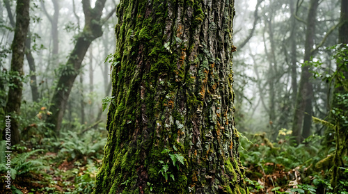 Moss covered tree trunk in misty forest.