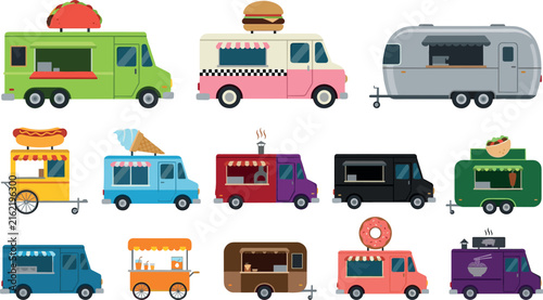 Food Truck and Mobile Street Vendor Vector Icon Set with Taco, Burger, Ice Cream, Hot Dog, and Donut Vans for Festival and Restaurant Designs