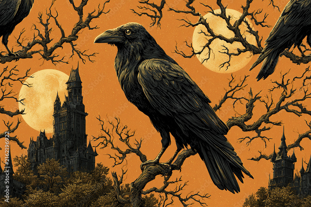 Naklejka premium Black raven perched on twisted tree branch with full moon and haunted castle in eerie orange night sky