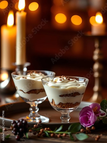 Creamy tiramisu fills delicate glasses in a warm candlelit setting, luxury, dimly lit