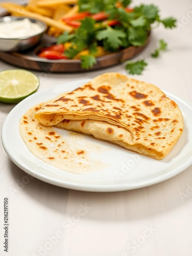Crunchy layered paratha served on a clean white plate, inviting culinary delight, ||white, appetizer