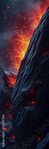 Crushing darkness, fiery sparks, and jagged stone, wall, chaotic