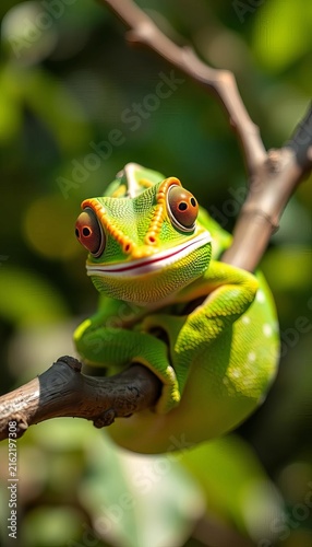 Curled up on a branch, this happy chameleon looks directly at the viewer with expressive eyes, its green scales glistening in the sunlight, animal, clipart