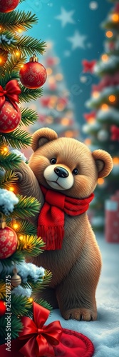 Cute bear in red scarf sneaks Christmas decorations up a tree, outdoors, holiday