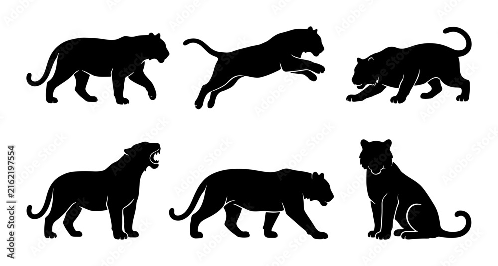 Fototapeta premium Black Panther Silhouettes, Big Cat Vector Icons, Wild Animal Poses Set, Majestic Feline Graphics Collection