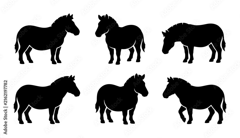 Fototapeta premium Six Silhouette Zebra Icons, Vector Graphics Collection for Wildlife and Safari Themes, Simple Black and White Animal Illustrations