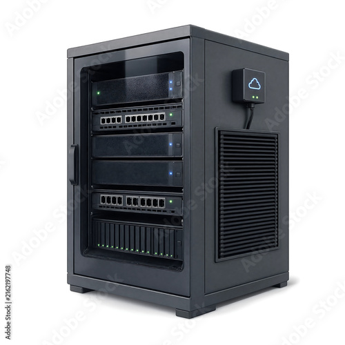 Modern server rack cabinet with network equipment and cloud storage device isolated on white transparent background