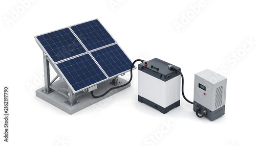 Solar panel system with power storage battery and voltage inverter isolated on white background transparent background