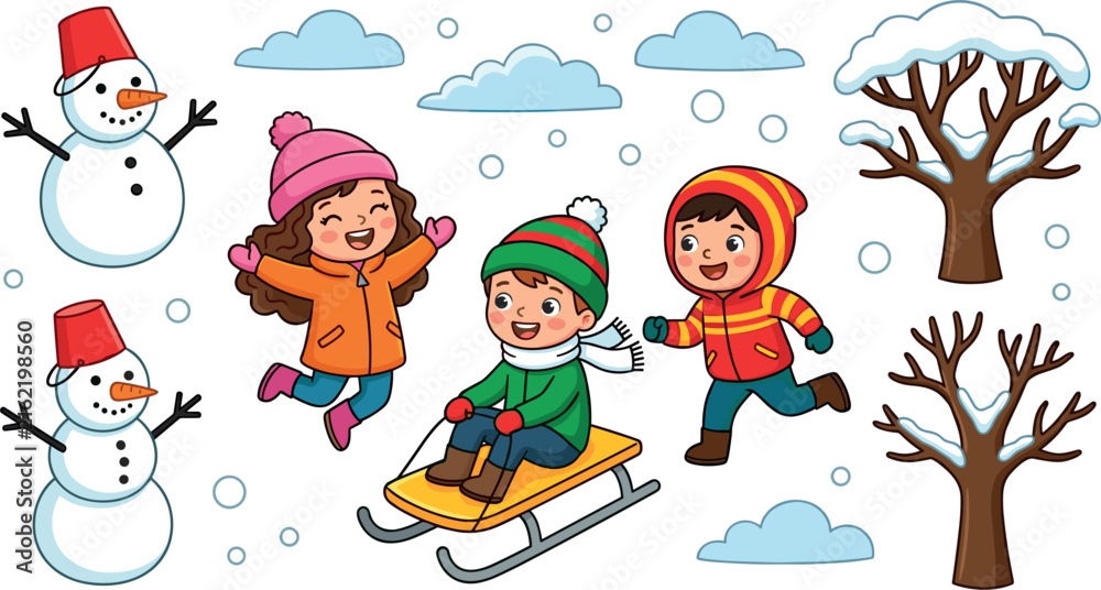 Fototapeta premium Cute Happy Children Playing in Winter Snow Collection with Sledding Boy Jumping Girl Running Kid Snowmen and Snowy Trees Vector Illustration Set