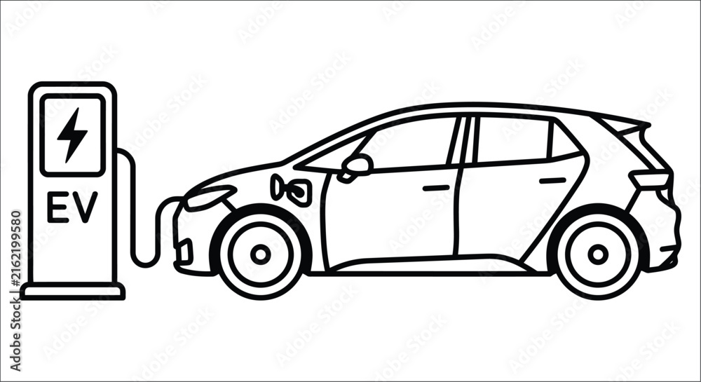 Naklejka premium Electric vehicle charging station and hatchback car depicted in a black and white line drawing