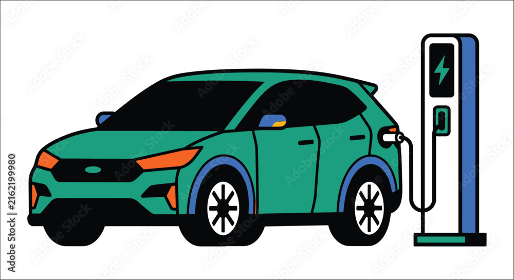Naklejka premium Electric vehicle charging at a station a colorful vector illustration on a white background automobile