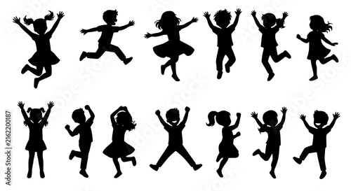 Happy children playing jumping and dancing black silhouette vector collection for joyful childhood and family designs