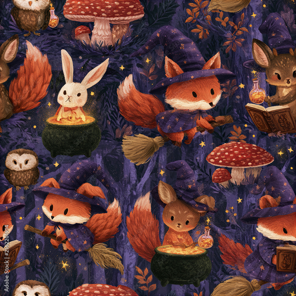 Naklejka premium Whimsical woodland witch pattern with fox, rabbit, owl, deer, mushroom, and magical elements in dark forest setting