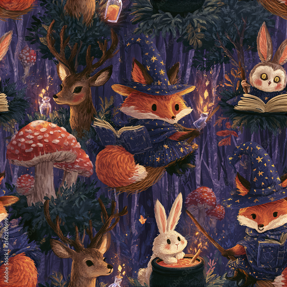 Naklejka premium Whimsical woodland witch pattern with foxes, rabbits, deer, mushrooms, and magical books in dark forest setting