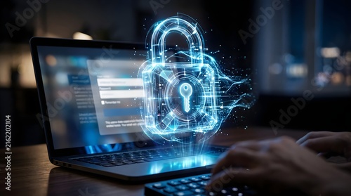 A hologram padlock emerges from the computer screen
